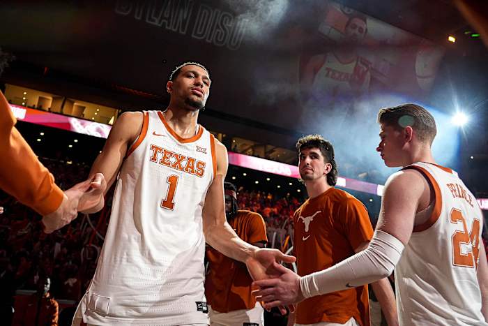 Texas Longhorns forward Dylan Disu (1) takes the court ahead of the basketball game against Houston at the Moody Center on Monday, Jan. 29, 2024 in Austin